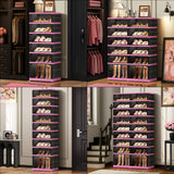 CIMLORD 9-Tier Foldable Shoe Rack Organizer for Closet,36 Pairs Collapsible Plastic Shoe Shelf,Large Shoes Cabinet with Door,Clear Stackable Storage Box Easy Assembly（Black-Pink）