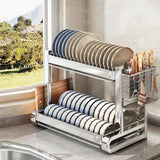 QIUHTR Stainless Steel 2-Tier Dish Drying Rack with Utensil Holder and Drainboard,Small Dish Rack for Kitchen Counter,for Plates, Bowls, and Pots(21.9 * 13")