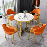 Mid Century Round 4-Person Dining Table Set - Faux Marble Kitchen Table with Chairs, Dark Orange Multi-Use Conference Office Desk