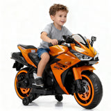 Electric Ride-On Motorcycle for Kids with 12V Motor, Training Wheels, Manual Throttle, Light Up Wheels, Music Player & Headlights - Ages 3-6 (Orange + Plastic + 50-99 Lbs)