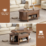 ONBRILL 43.3" Oval Lift Top Coffee Table with Hidden Compartment, Fluted Wood Coffee Table with Sliding Door, Mid-Century Modern Lift Tabletop Dining Table for Living Room, Home Office, Walnut