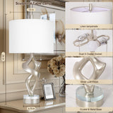 Scenekoy Sculptural Resin Table Lamp Set of 2 with USB Ports for Bedroom Living Room, 26” Antique Silver Leaf Dual Pull Chains Bedside Lamps, Nightstand Lamp for Home Room Decor (Bulbs Included)
