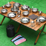 Lallisa 44 Pcs Outdoor Camping Cookware Mess Kit Polished Stainless Steel Dishes Camping Utensils Portable Tableware with Plates Cups Spoons Forks Knives Mesh Bag for Backpacking Hiking