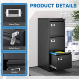 BYNSOE 3 Drawer File Cabinet with Lock Metal Vertical File Cabinet Office Home Narrow File Cabinet for A4 Legal/Letter Size,Assembly Required (Black, 3 Drawers-Vertical)