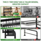 Over The Sink Dish Drying Rack, Adjustable 3 Tier Large Capacity Stainless Steel Drainer with Cutlery/Utensil/Cup Holder Hooks, Kitchen Storage & Organization, 25"-38" L x 11" W x 37.5" H, Black