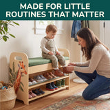 Kids & Toddler Shoe Rack with Bench Seat: Solid Pine Wood 2-Tier Shoe Organizer with Hidden Storage - Safari Giraffe Design Kids Furniture - Cushioned Seat, Rounded Safety Corners, Easy Assembly