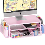 OPNICE Desk Organizer and Accessories, 2-Tier Computer Monitor Stand Riser with Drawer and 2 Pen Holders, Laptop Stand, Office Desk Accessories for Office Supplies, Pink