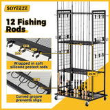 SOYEEZE Fishing Rod Holders for Garage, 4 Tier Adjustable Fishing Pole Holders Up to 12 Rods, Fishing Rod Rack with Lockable Wheels for Large Tackle Box Storage and Fishing Equipment Organization