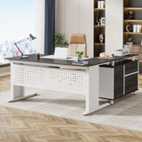 Tribesigns 63 Inch Executive Desk with File Cabinet, L Shaped Office Desk with Drawers and Storage Shelves, Business Furniture Set Workstation for Home Office, Gray and White