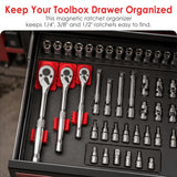 Magnetic Ratchet Organizer Kit, 3 Pack 1/4" 3/8" 1/2" 3D-Printed Magnetic Ratchet Holder with 9 Bottom Magnets, No-Slip Toolbox Drawer Organizer