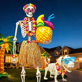 HejVulkan 10 Pcs 12ft Skeleton Outfit Set – Summer Halloween Decoration with Grass Skirt, Leis, Glasses and Cocktail Balloon for Yard Lawn Garden Decor