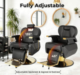 Black and Gold Barber Chair, Heavy Duty Hydraulic Reclining Barber Chair for Barbershop w/ Adjustable Headrest & Footrest, 360° Swivel Studry Frame barber Chair for home, Spa, Tattoo, Beauty Salon