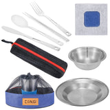 Camping Dinnerware Set Stainless - Camping Mess Kit Includes Cups, Bowls, Dishes, Knives, Forks, Spoons, Etc, Camping Tableware Set with Mesh Bag is Easy to Carry（2-Person Set Blue）