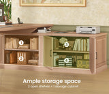 SEDETA Farmhouse L Shaped Desk with Drawers, 70.9" Home Office Desk with Storage Cabinet and Storage Shelves, L Shaped Computer Desk with Power Outlet，Oak