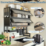 MANNY HOME Dish Drying Rack 4 Tiers with Cover, Keep Kitchen Sink Shlef Organized Space-Saving, Large Drying Rack for Dishes, Glasses, Bowls, Cutlery Black (33.5‘’Double)