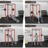 Power Cage with LAT Pulldown, Multi-Functional Power Rack with Cable Pulley System and J-Hooks, Squat Rack with Dip Bars and Landmine Attachment, Weight Cage (Black/Red)
