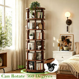 6 Tier 360° Rotating Solid Wood Bookshelf with Wheels, Lazy Susan Circular Spinning Revolving Corner Bookcase