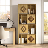 nesture. Bookcase & Bookshelf Set of 2 with Movable Bookends, 4-Tier Open Storage Shelves, Beveled Gliding Doors, Large Wooden Display Cabinet for Living Room, Home Office, Bedroom, Natural Oak