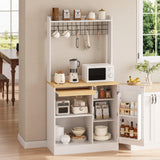 IRONCK Bakers Rack with Pull Out Shelf and Power Outlet, Microwave Stand with Adjustable Shelves & 5 Hooks, Barn Doors, Kitchen Pantry Coffee Bar Cabinet for Kitchen Dining Room, White