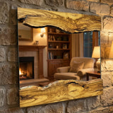 Olive Wood Mirror - Handmade Live Edge Solid Wood Wall Decor for Rustic Bathroom, Entryway or Bedroom - Unique Natural Grain Artisan Mirror - Square 20x20