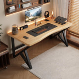 Modern Solid Wood Computer Desk, 55" Farmhouse Style Home Office Workstation, Metal Frame Gaming Table for Study, Writing, and Dining - Natural Finish