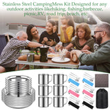 Lallisa 44 Pcs Outdoor Camping Cookware Mess Kit Polished Stainless Steel Dishes Camping Utensils Portable Tableware with Plates Cups Spoons Forks Knives Mesh Bag for Backpacking Hiking
