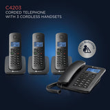 Corded Phone System + 3 Digital Cordless Handsets w/Answering Machine, Call Block - Black (C4203) Motorola Voice