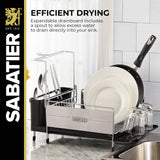 Sabatier Expandable Stainless Steel Dish Rack with Rust-Resistant Soft Coated Wires and Bi-Directional Spout, with Utensil Caddy and Removable Stemware Holder