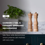 Cole & Mason London Refillable Spice Mill - Kitchen and Home Accessory - Salt and Pepper Grinder Set - Salt Mill with Ceramic Mechanism - Pepper with Carbon Steel - 8", Natural Beech