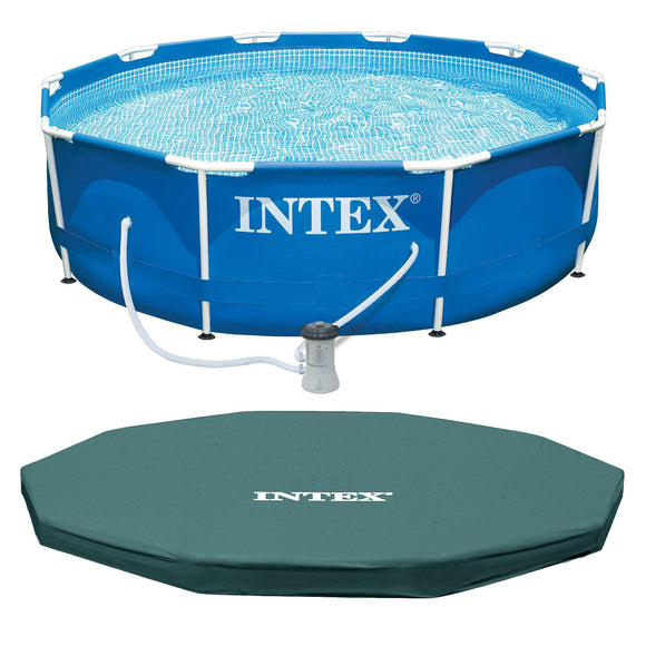 10ft x 30in Round Above Ground Outdoor Swimming Pool Set with 330 GPH Filter Pump, Cartridge, and Protective Round Pool Cover Intex