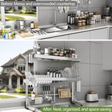 CUISIBOT Over The Sink Dish Drainer Drying Rack 3 Tier, Full Stainless Steel Dish Drying Rack Adjustable Length 20.9''-37.4'', Kitchen Sink Shelf, Organized Space-Saving Dish Rack