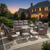 moosprr Luxury Patio Furniture Set with Fire Pit Table, Outdoor Furniture Set with High Back Swivel Chairs & 6-inch Thick Cushions, 10 PCS Fire Pit Patio Set for Yard, Deck, Poolside, Brown/Grey