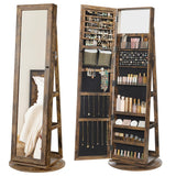SONGMICS 360° Swivel Jewelry Cabinet, Lockable Jewelry Organizer with Full-Length Mirror, Rear Storage Shelves, Interior Mirror, Jewelry Armoire, Gift Idea, Rustic Brown UJJC006X01
