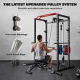 JELENS Power Cage, 2000LBS Multi-Function S11 Power Rack with LAT Pulldown, Squat Rack with Pulley System and More Training Attachments (Weight Bench Package)