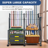 Miratino Fishing Rod Holders for Garage, 24 Rod Fishing Pole Rack Cart with Wheels, Fishing Rod Storage Organizer with Shelves, Rolling Tackle Storage Rack for Fishing Gear, Garage Basement Shed