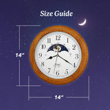 JUSTIME 14 Inch Exclusive Solid Oak Wood Non-Ticking Sweep Mechanical Specialty Moon Phase Moving Dial Wall Clock, Gift, Home Décor