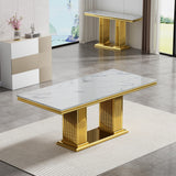 Maotifeys White Marble Dining Table for 6 Modern Luxury Faux Marble Kitchen Table for 4-6,68" Large Dining Room Tables with Columnar-Shape Gold Stainless Steel Base