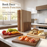Liereti Premium 3pc Book Cutting Board Set with Stand, Space-Saving Decorative Wood Cutting Board Library, 100% Natural Wood Grain Finish, Sleek Laser-Engraved Labels