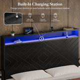 Uteeran Queen Size Bed Frame with 2 Bedside Storage Racks & 4 Locking Drawers, 51.2" Tall Headboard with Charging Station & RGB LED Lights, Farmhouse Platform Bed Frame, No Box Spring Needed, Black