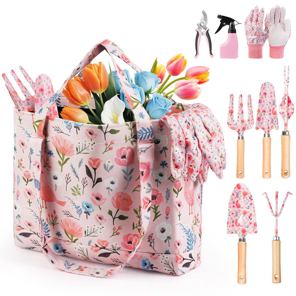 Gardening Tools, 10-Piece Gardening Gift Set for Women, Rust-Proof & Heavy-Duty Tools with Floral Organizer Bag
