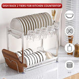 LIZWETEC Dish Drying Rack, Double Layered countertop Kitchen Organizer with Drainage Large Bowl Rack and Storage Rack with Drainage Board (Silver Upgraded Version)