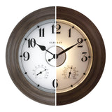 CLXEAST 24 Inch LED Illuminated Outdoor Clocks Waterproof with Thermometer & Hygrometer, Large Lighted Metal Wall Clock with Smart Night Light Sensor,Grey Oak Finish,House Warming Gifts New Home