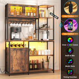 Bigbiglife Bakers Rack with Power Outlet and LED Light, 42.5 inch Industrial Coffee Bar Cabinet with Trash Can Storage Bin Cabinet, Microwave Stand with Storage for Kitchen, Living Room