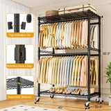 ULIFHOME P4 Plus Rolling Clothes Rack Heavy Duty, Clothing Racks for Hanging Clothes, Free Standing Garment Racks with Wheels, Portable Closet Rack 45''W × 20.5''D × 80.5''H, Max Load 570 Lbs, Black