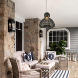 Modern 1-Light Matte Black Outdoor Coastal Boho 20 in. Scalloped Pendant Light for Patio with Wicker Rattan Shade