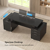 Executive Desk with Power Outlet and File Drawer, Modern Home Office Desk with 3 Large Cabinets and Privacy Panel