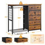 EnHomee 49.2" W Dresser with Hanging Rack & 6 Fabric Drawers – Wooden Top Organize Unit Featuring LED Lights, Charging Station & Grid Panel & Hooks for Bedroom, Rustic Brown