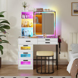 MDGC RGB Vanity Desk with Sliding Mirror and Lights,Glass Top(White