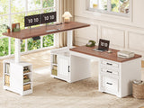 Farmhouse L Shaped Electric Standing Desk, 63" x 67" Height Adjustable Home Office Executive Desk with Drawers