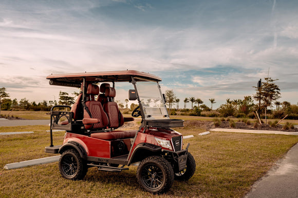 Paladin Luxury Golf Carts 2+2 Pearl Ruby, Red Independant Seats, Red Stitching, Carbon Dashboard.